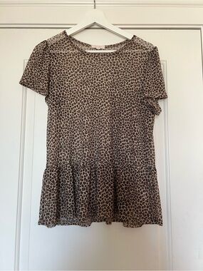 Leopard Print Sheer Short Sleeve Peplum Top - Brown